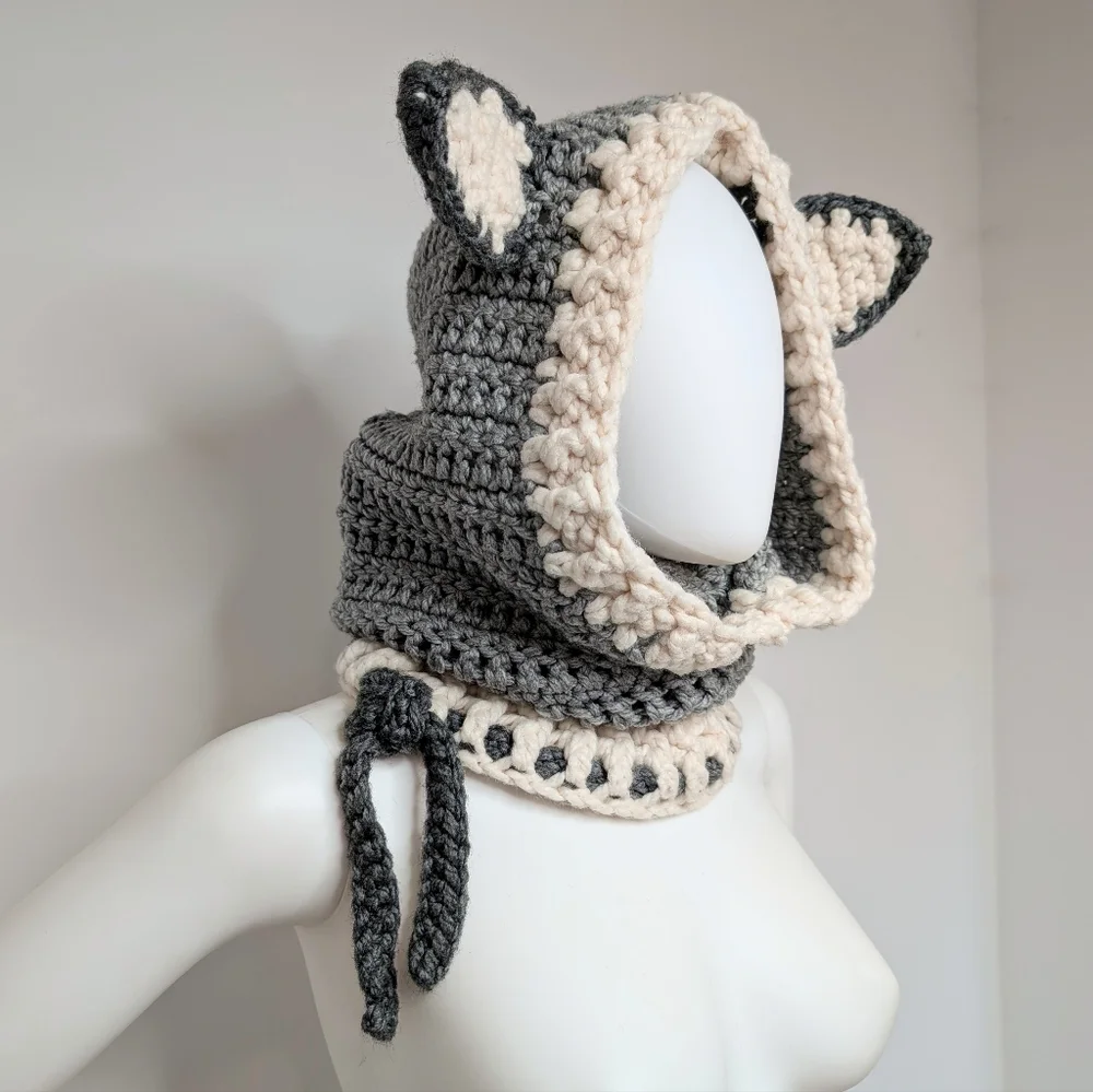 Handmade Crochet Gray & Cream Wolf Head Cowl Hood Scarf With Ears Beenie Hat